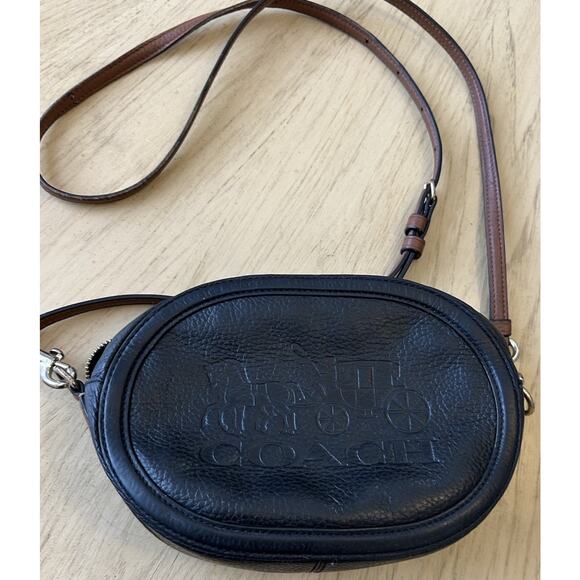 Coach Horse & Carriage Crossbody Bag Embossed Logo Black Leather Red Purse - Picture 1 of 16